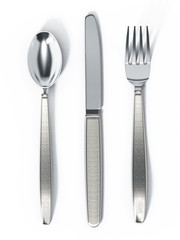 Fork, spoon and knife isolated on white background. 3D illustration