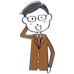 線画　茶色のスーツの男性　上半身　おじさん　照れる