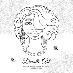 Vector illustration zentangl , portrait of African American women in the flowers. Doodle drawing. Meditative exercise. Coloring book anti stress for adults. Black and white.
