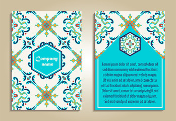Vector set of colorful brochure templates for business and invitation. Portuguese, Moroccan; Azulejo; Arabic; asian ornaments