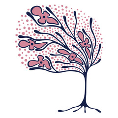 Vector hand drawn illustration, decorative ornamental stylized tree.  Violet graphic illustration isolated on the white background. Inc drawing silhouette. Decorative artistic ornamental wood