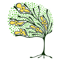Vector hand drawn illustration, decorative ornamental stylized tree.  Green graphic illustration isolated on the white background. Inc drawing silhouette. Decorative artistic ornamental wood