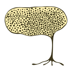 Vector hand drawn illustration, decorative ornamental stylized tree.  Yellow graphic illustration isolated on the white background. Inc drawing silhouette. Decorative artistic ornamental wood