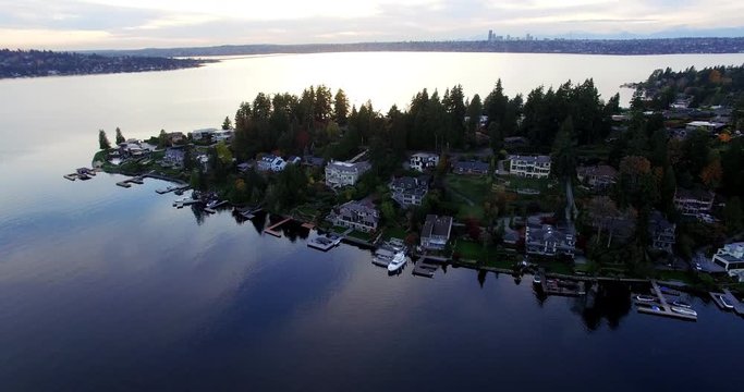 Medina Neighborhood Bellevue Washington Aerial View Seattle Skyline Background