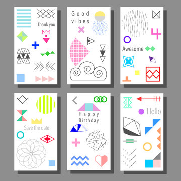 Set of artistic colorful universal cards. Wedding, anniversary, birthday, holiday, party. Design for poster, card, invitation. Memphis style