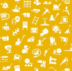 Construction equipment and tools, seamless pattern, yellow. Vector background with images of equipment for construction and repair. White, flat pictures on a yellow field. 