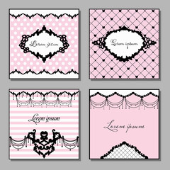 Set of artistic cards in pink and black colors. Vintage style vector illustration. Wedding invitation, party, template - 125567476