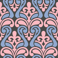 Vector Damask wallpaper, Colorful seamless pattern. pink and blue on black background