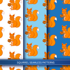 Cute cartoon squirrel with walnut in paws sitting on colorful background, seamless vector pattern set, design for greeting card, decorative texture, baby shower, wrapping paper, cheerful wallpaper