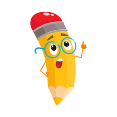 Yellow cartoon pencil in glasses telling something clever and pointing finger up, vector illustration isolated on white background. Humanized funny pencil teacher in large nerdy glasses