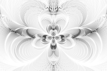 Abstract monochrome flower on white background. Intricate symmetrical pattern in black and white colors. Fantasy fractal design for posters, wallpapers or t-shirts. Digital art. 3D rendering.