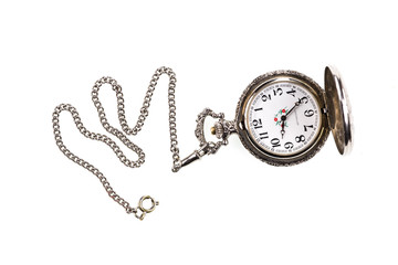 pocket watch with chain isolated on white background, close-up