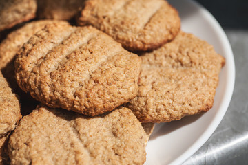 Homemade oatmeal cookies in white plate