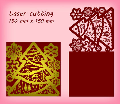 Laser cutting template with snowflakes, christmas tree and christmas tree toys. For greeting cards, invitations. Size 150 mm x 150 mm. Vector illustration.