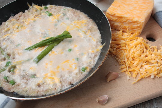 hot risotto with cheese, cream sauce and garlic. hot European dish.