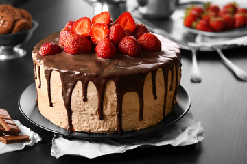 Delicious cake with strawberry, closeup