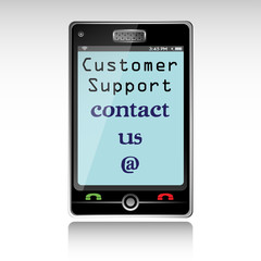 Isolated smartphone with the text customer support, contact us, written on its screen