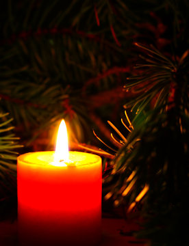 Christmas candle  with New Year`s tree brunch on dark background