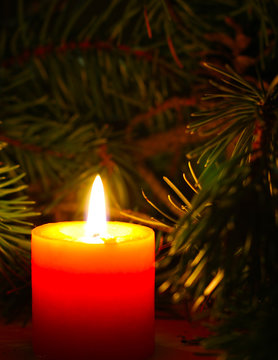 Christmas burning candle with New Yera`s tree brunch on dark background