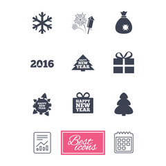 Fototapeta na wymiar Christmas, new year icons. Gift box, fireworks.