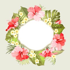Tropical flower frame with place for invitation card text. Happy holiday card with floral garland. Summer holiday invitation card with floral garland with text place. Vector illustration.