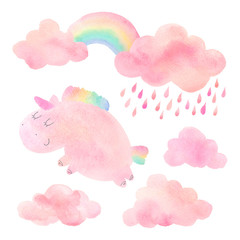 Watercolor unicorn and clouds with rain and rainbow