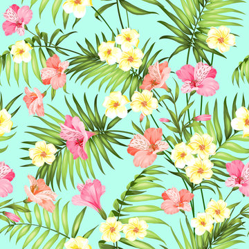 Seamless tropical flower. Plumeria flowers and jungle palms. Beautiful fabric pattern with a tropical flowers isolated over green background. Blossom flowers for seamless pattern background.