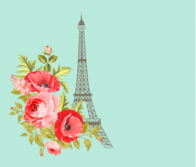 Eiffel tower isolated over the blue background. Vintage blue card with spring flowers design with Eiffel tower. Vector illustration.