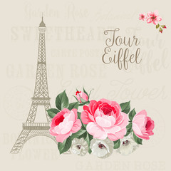 Fototapeta na wymiar Eiffel tower simbol with spring blooming flowers over gray text pattern with sign Tour Eiffel. Vector illustration.