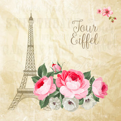 Fototapeta na wymiar Eiffel tower simbol with spring blooming flowers over old paper background with sign Tour Eiffel. Vector illustration.