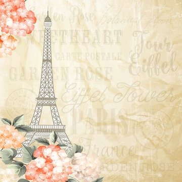Eiffel tower simbol with spring blooming flowers over brown text pattern with sign Paris France Tour Eiffel. Vector illustration.
