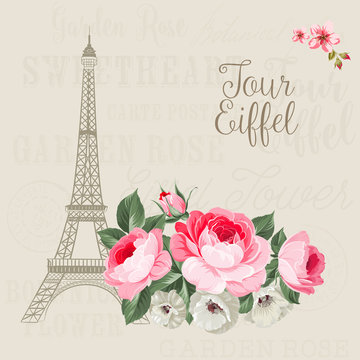 Eiffel tower simbol with spring blooming flowers over gray text pattern with sign Tour Eiffel. Vector illustration.