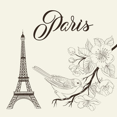 Fototapeta na wymiar Bird sitting on a brunch with eiffel tower isolated over gray background. Vector illustration.