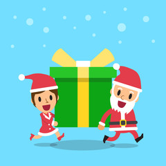 Cartoon santa claus and woman carrying big gift box