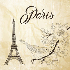 Bird sitting on a brunch with eiffel tower painted over old paper background. Vector illustration.