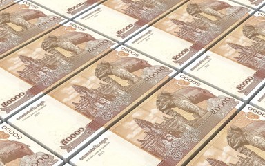 Cambodia riels bills stacks background. 3D illustration.