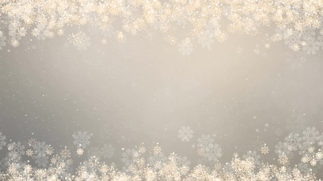 Christmas frame on gray. Winter card with glowing snowflakes, stars and snow on top and bottom. Computer generated seamless loop abstract background.