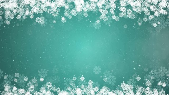 Christmas frame on green. Winter card with glowing snowflakes, stars and snow on top and bottom. Computer generated seamless loop abstract background.