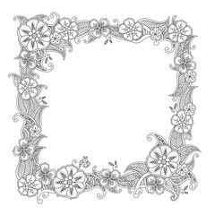 Floral hand drawn square frame in zentangle style isolated on white background.