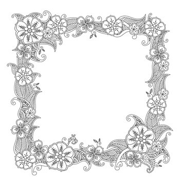 Floral hand drawn square frame in zentangle style isolated on white background.