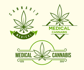 set of green medical cannabis emblem, logo . classic vintage style