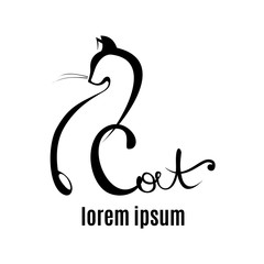 Fototapeta premium Abstract cat vector logo with lettering elements. Cat outline icon. White pet logo isolated on black backgroung. Abstract design element. Vector illustration