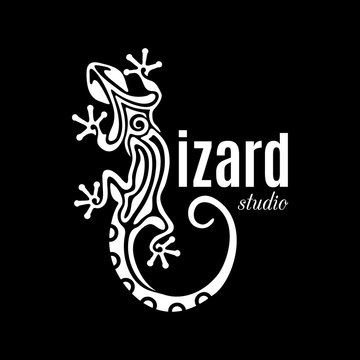 Lizard Studio logo. Outline salamander icon. White reptile silhouette isolated on black background. Abstract design element. Vector illustration