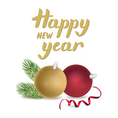 Happy new year card design with fir tree branch, decoration balls and ribbon