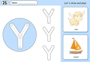 Cartoon yak and yacht. Alphabet tracing worksheet: writing A-Z a