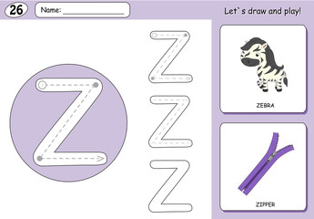Cartoon zebra and zipper. Alphabet tracing worksheet: writing A-