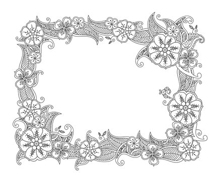 Floral hand drawn horizontal frame in zentangle style isolated on white background.
