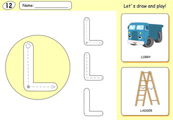 Cartoon lorry and ladder. Alphabet tracing worksheet: writing A-