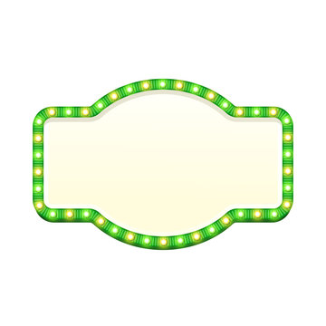 Blank 3d retro light sign with shining bulbs isolated on white background. Green street signboard with yellow and green marquee lights. Advertising frame with glow. Colorful vector illustration.