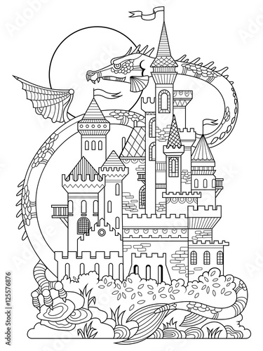 Download "Castle and dragon coloring book vector" Stock image and ...